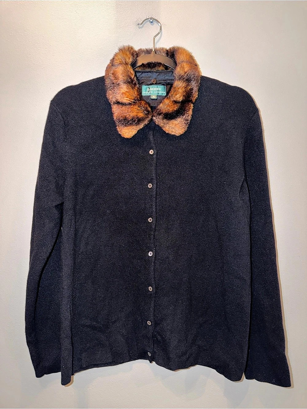 Lauren Ralph Lauren Faux Fur Collar Cardigan Sweater Black & Brown XL